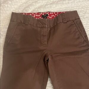 J. Crew Chocolate Trousers with Red Polka Dot Lining